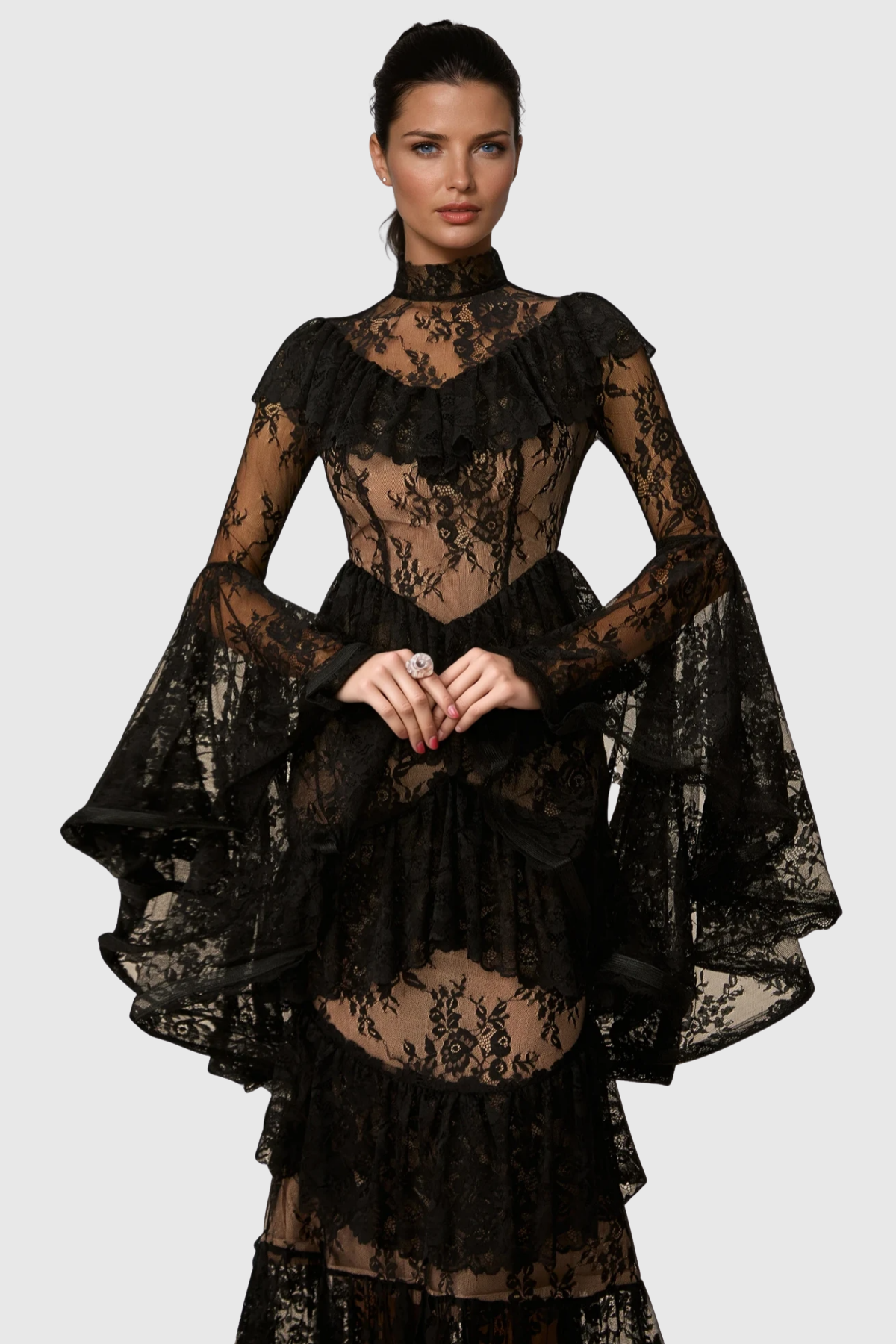 Coveie Lace Ruffle Maxi Dress - Black