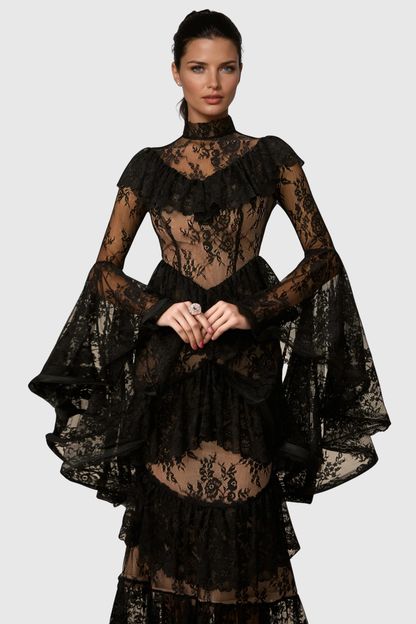 Coveie Lace Ruffle Maxi Dress - Black