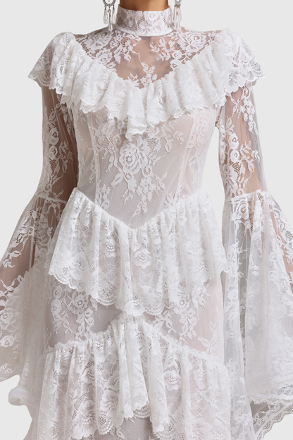 Coveie Lace Ruffle Maxi Dress - White