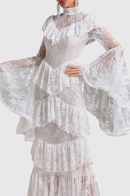 Coveie Lace Ruffle Maxi Dress - White