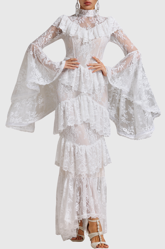 Coveie Lace Ruffle Maxi Dress - White
