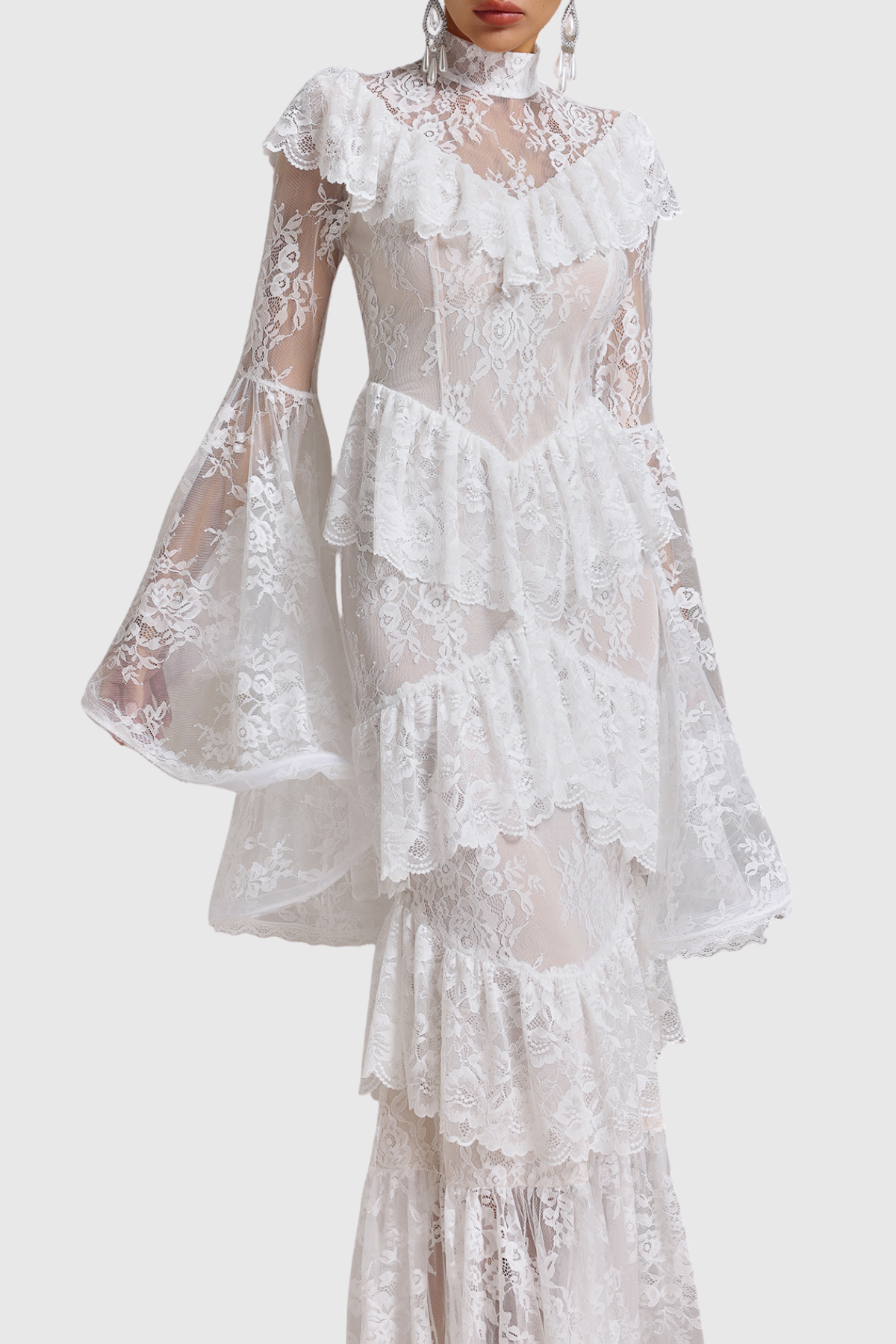 Coveie Lace Ruffle Maxi Dress - White