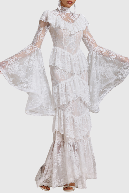 Coveie Lace Ruffle Maxi Dress - White