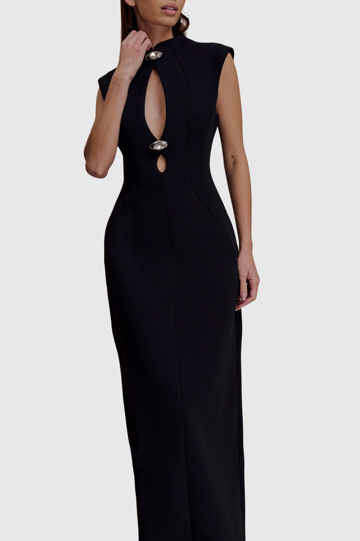 Croia Sleeveless Cutout Buttoned Embellished Maxi Dress - Black