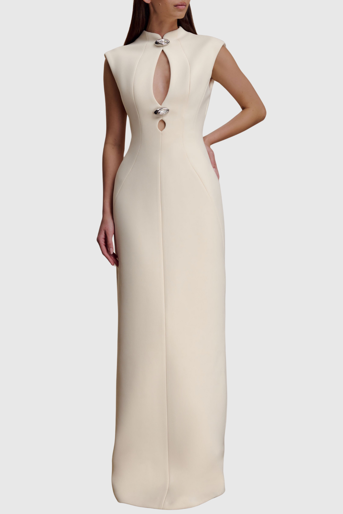 Croia Sleeveless Cutout Buttoned Embellished Maxi Dress - White