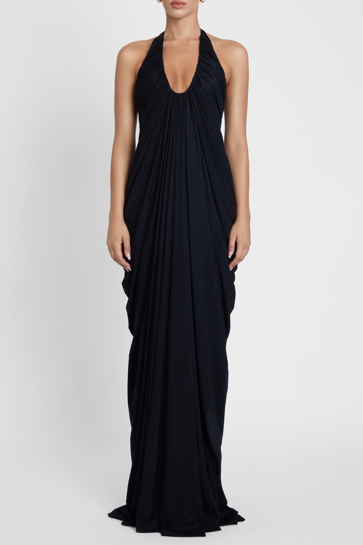 Cyrusa Halter Draped Maxi Dress - Black