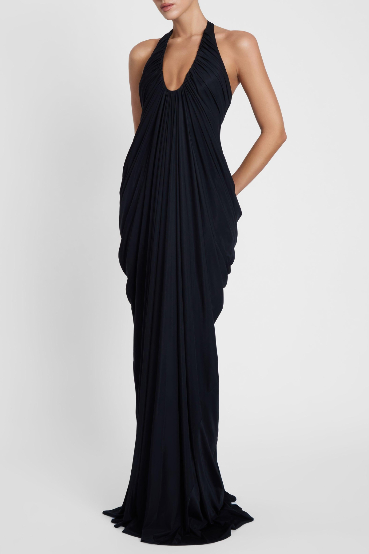Cyrusa Halter Draped Maxi Dress - Black