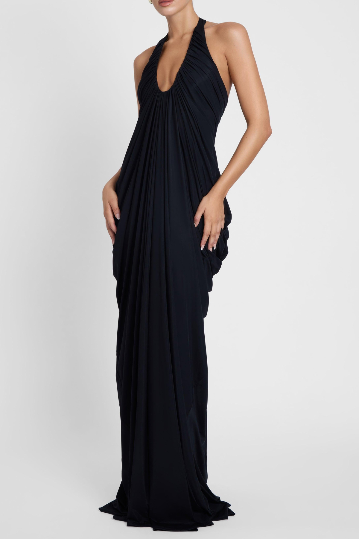 Cyrusa Halter Draped Maxi Dress - Black