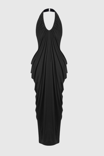 Cyrusa Halter Draped Maxi Dress - Black