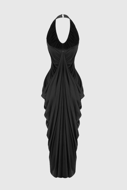 Cyrusa Halter Draped Maxi Dress - Black