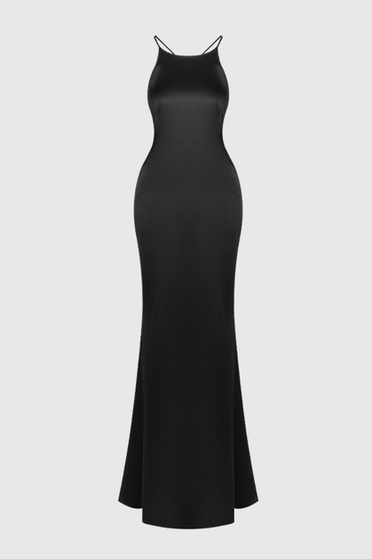 Daisya Satin Backless Maxi Dress - Black