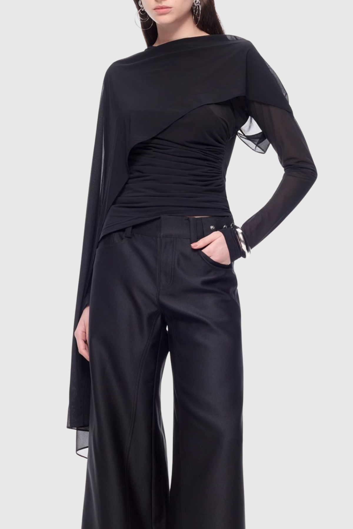 Dania Asymmetrical Shawl Mesh Top