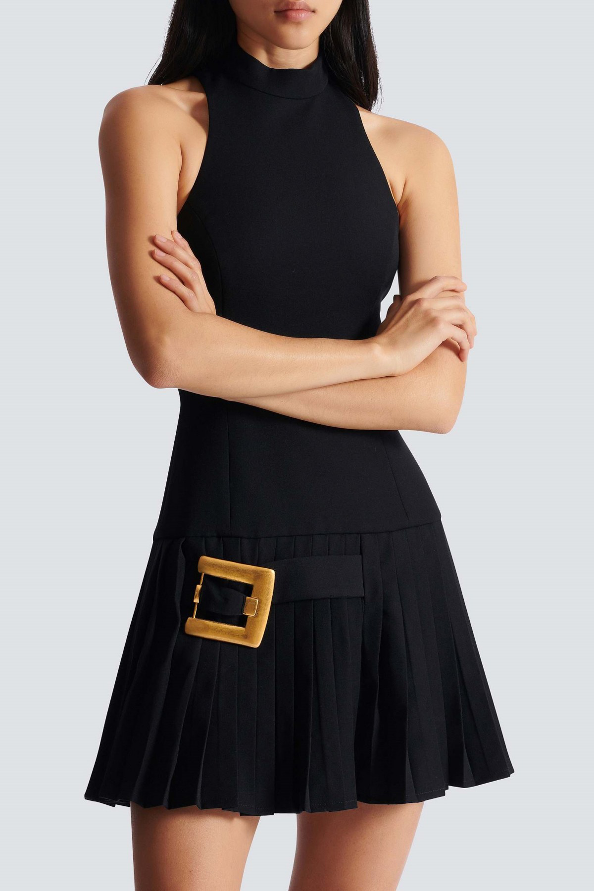 Darral Sleeveless Belted Pleated Mini Dress - Black