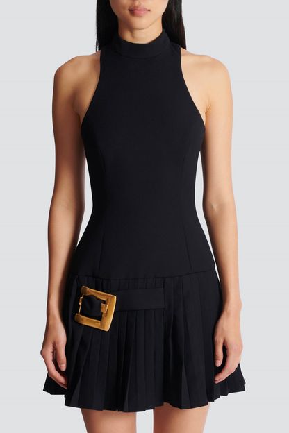 Darral Sleeveless Belted Pleated Mini Dress - Black