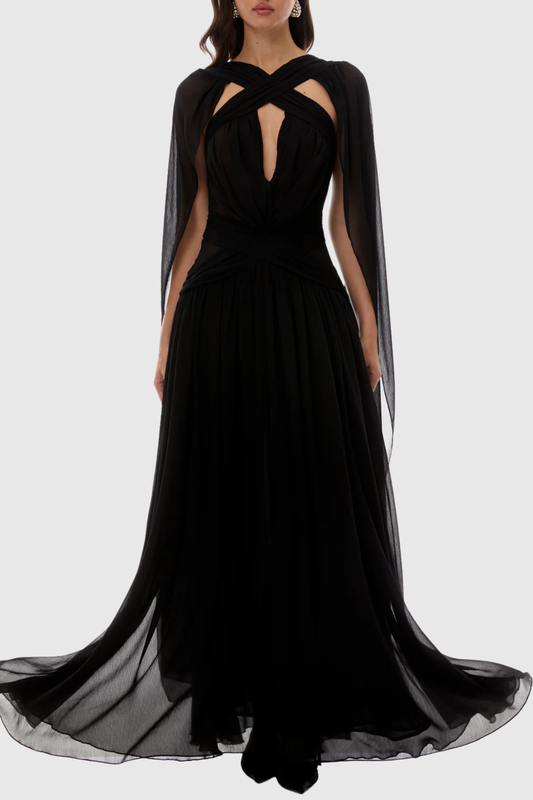 Darwra Chiffon Cutout Ribbon Maxi Dress