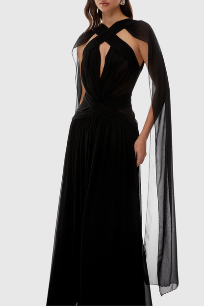 Darwra Chiffon Cutout Ribbon Maxi Dress