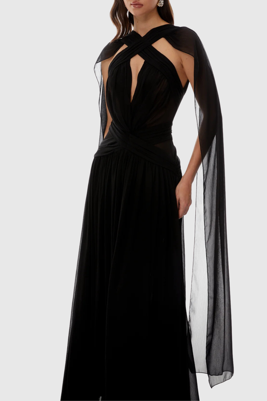 Darwra Chiffon Cutout Ribbon Maxi Dress