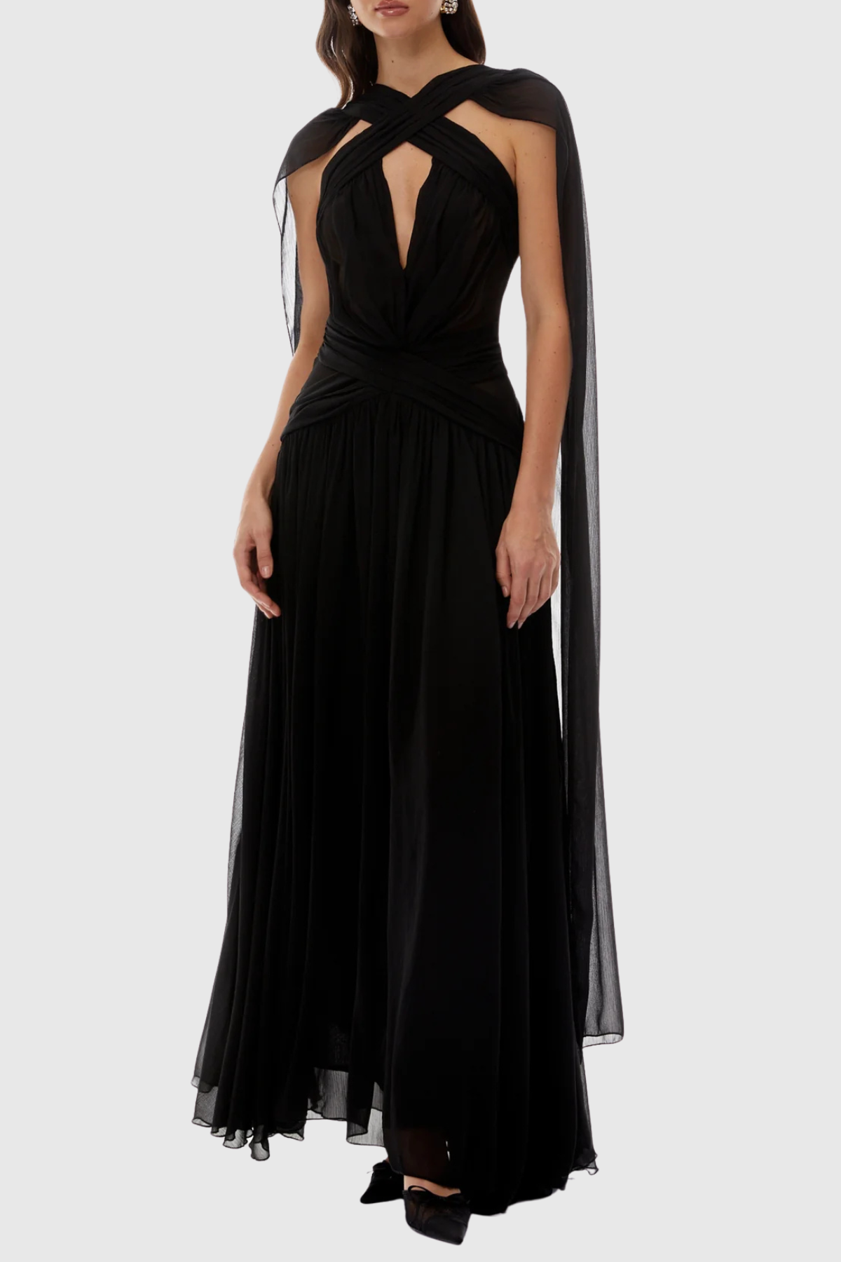 Darwra Chiffon Cutout Ribbon Maxi Dress