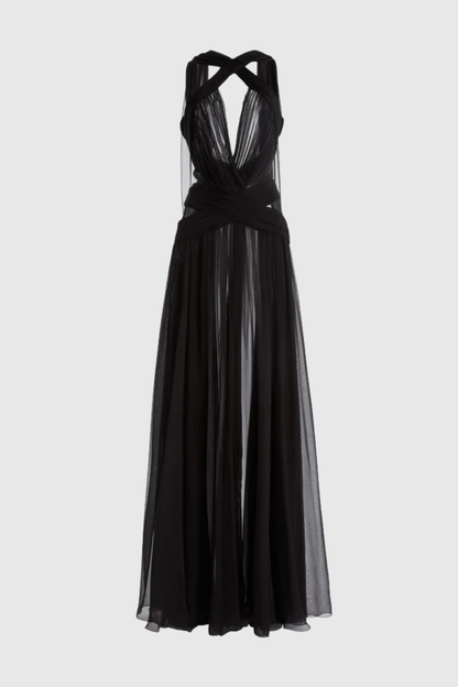Darwra Chiffon Cutout Ribbon Maxi Dress