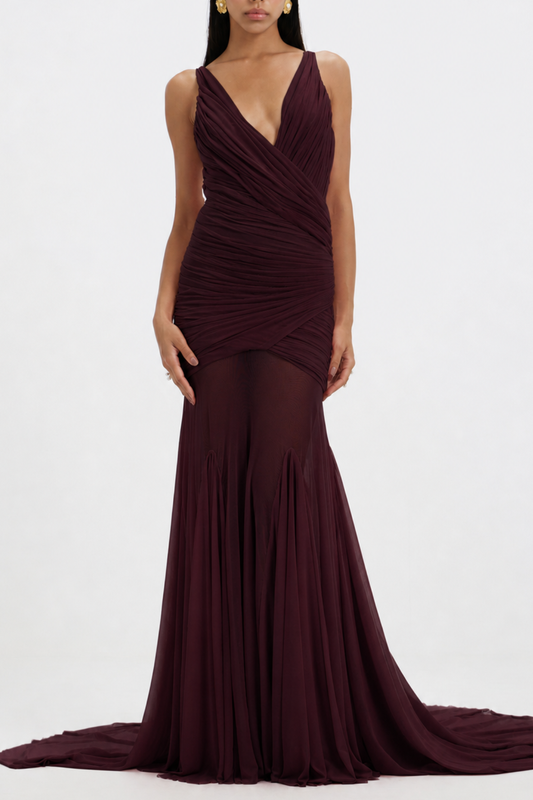 Darya Ruched Mermaid Maxi Dress - Wine