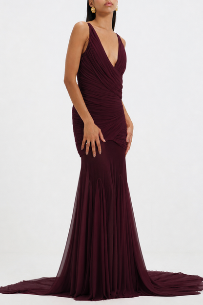 Darya Ruched Mermaid Maxi Dress - Wine