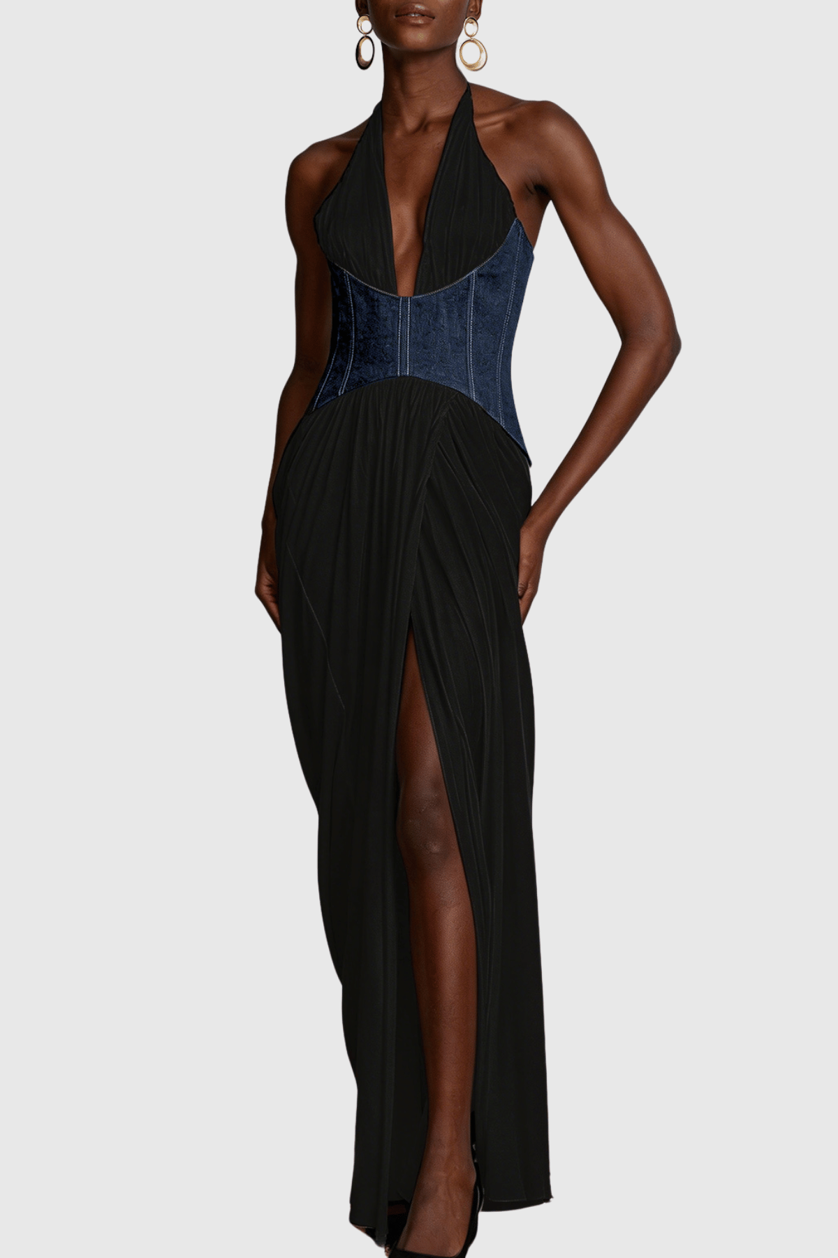 Daryle Halter Denim Corset Ruched Maxi Dress - Black