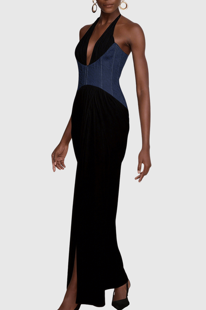Daryle Halter Denim Corset Ruched Maxi Dress - Black