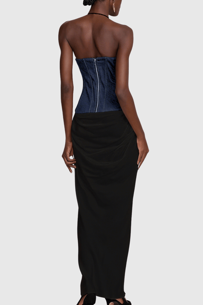 Daryle Halter Denim Corset Ruched Maxi Dress - Black
