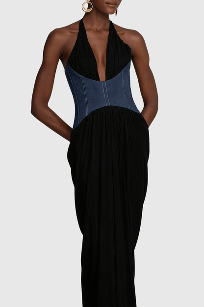 Daryle Halter Denim Corset Ruched Maxi Dress - Black