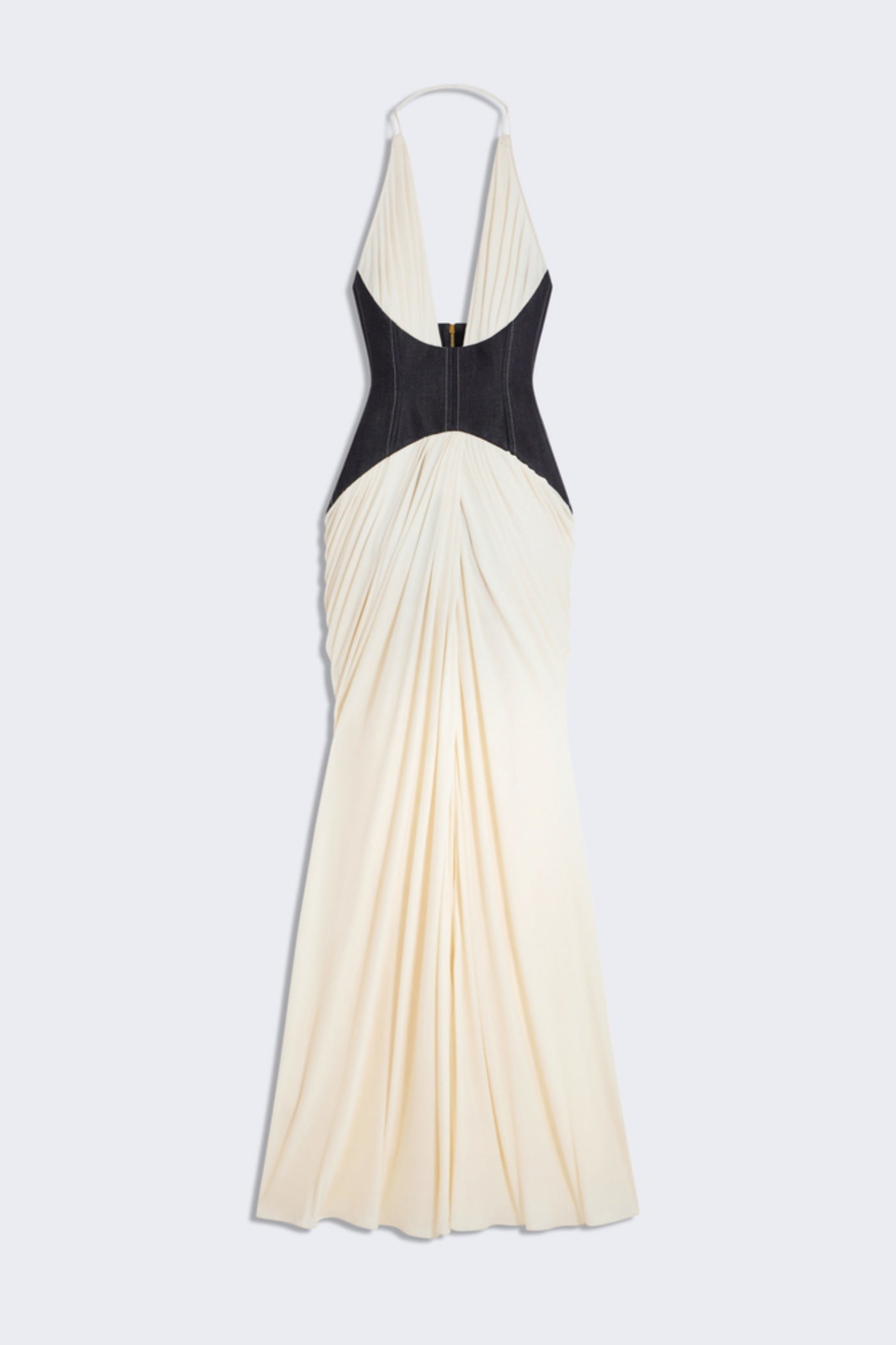 Daryle Halter Denim Corset Ruched Maxi Dress - White