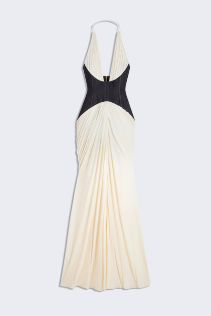 Daryle Halter Denim Corset Ruched Maxi Dress - White