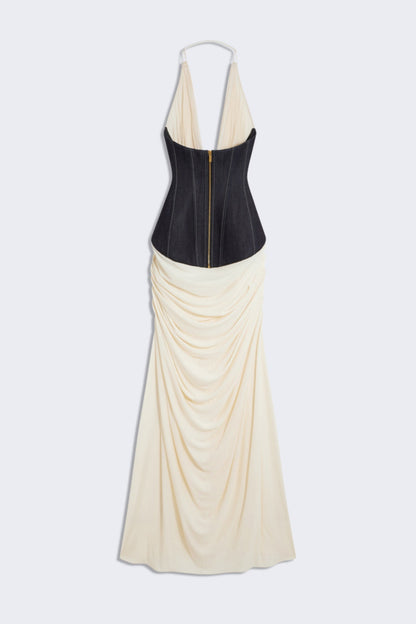 Daryle Halter Denim Corset Ruched Maxi Dress - White
