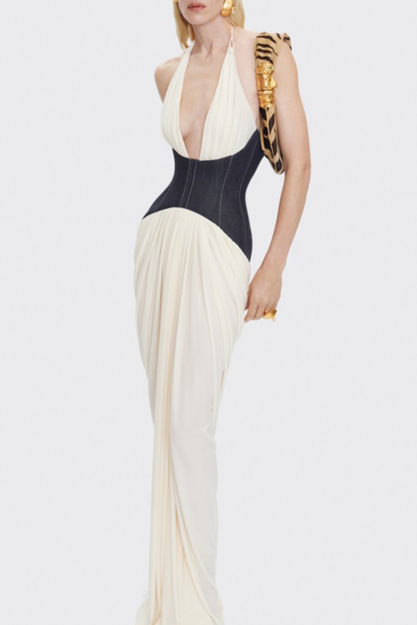Daryle Halter Denim Corset Ruched Maxi Dress - White