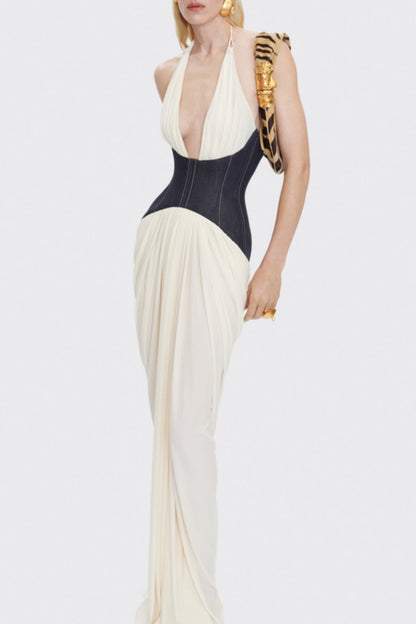 Daryle Halter Denim Corset Ruched Maxi Dress - White