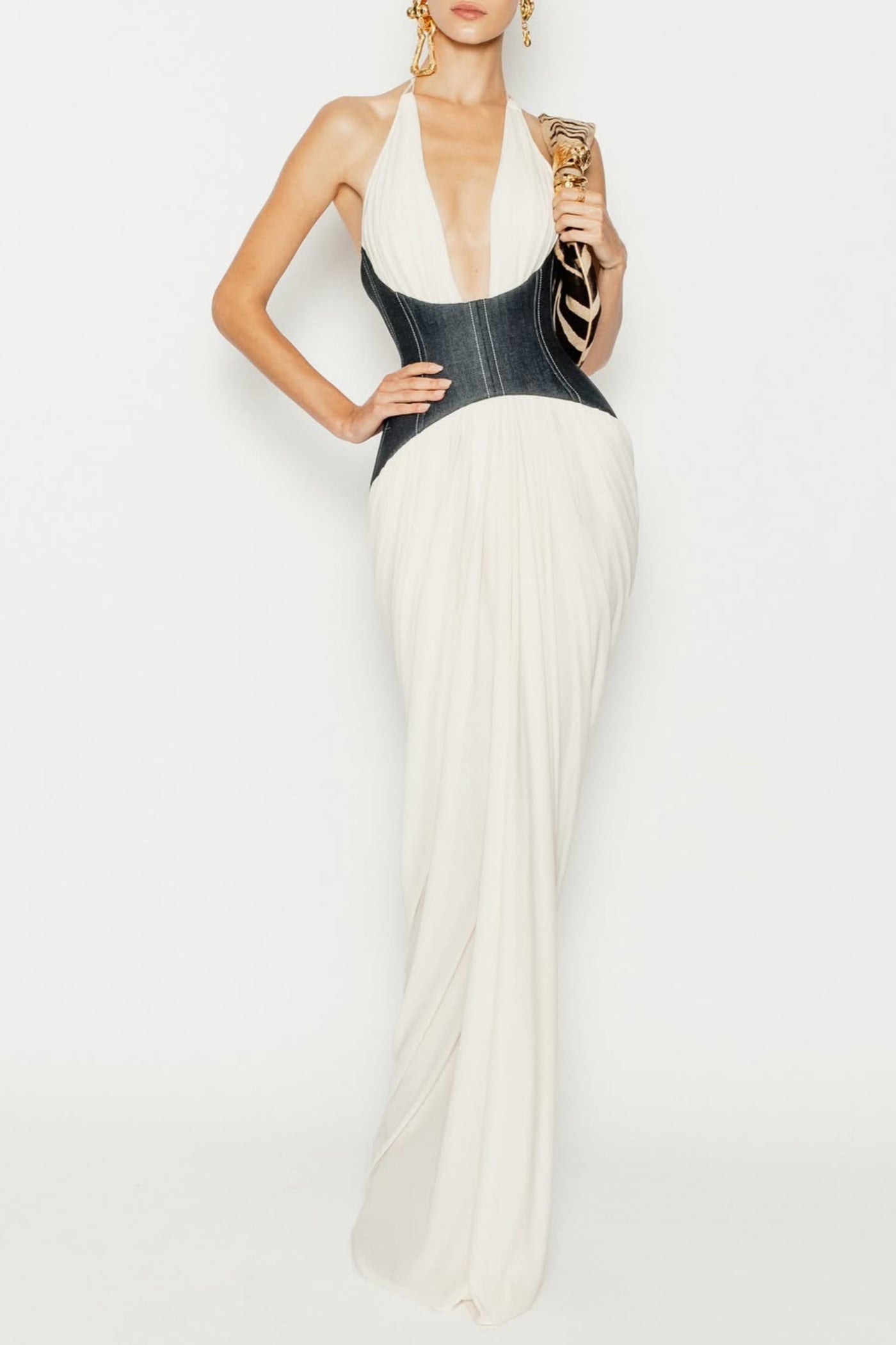 Daryle Halter Denim Corset Ruched Maxi Dress - White