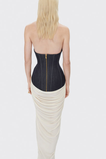 Daryle Halter Denim Corset Ruched Maxi Dress - White