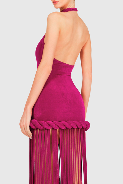 Datara Halter Rope Fringe Maxi Dress - Fuchsia