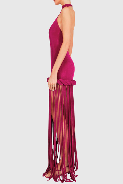 Datara Halter Rope Fringe Maxi Dress - Fuchsia