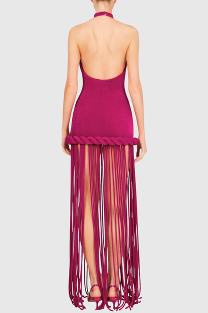 Datara Halter Rope Fringe Maxi Dress - Fuchsia