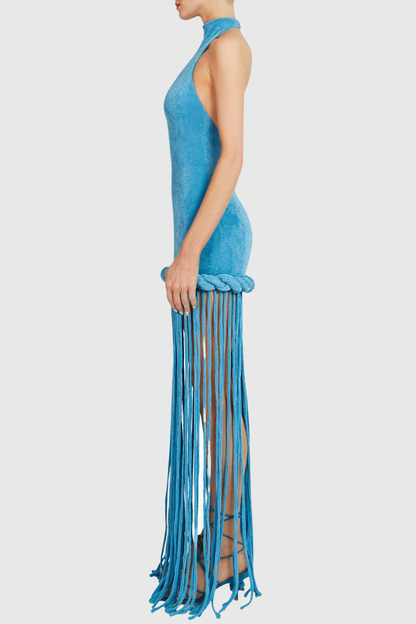 Datara Halter Rope Fringe Maxi Dress - Blue