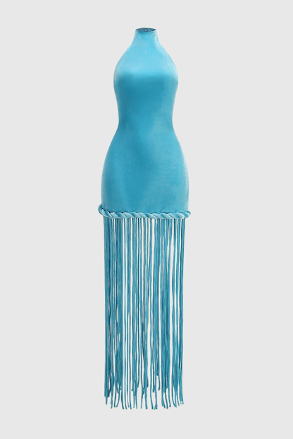 Datara Halter Rope Fringe Maxi Dress - Blue