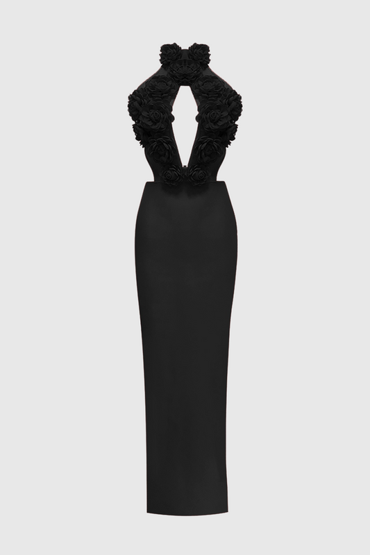 Datherine Floral Appliqué Halter Maxi Bandage Dress - Black