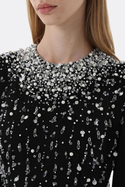 Daway Crystal Bead Embellished Maxi Dress - Black