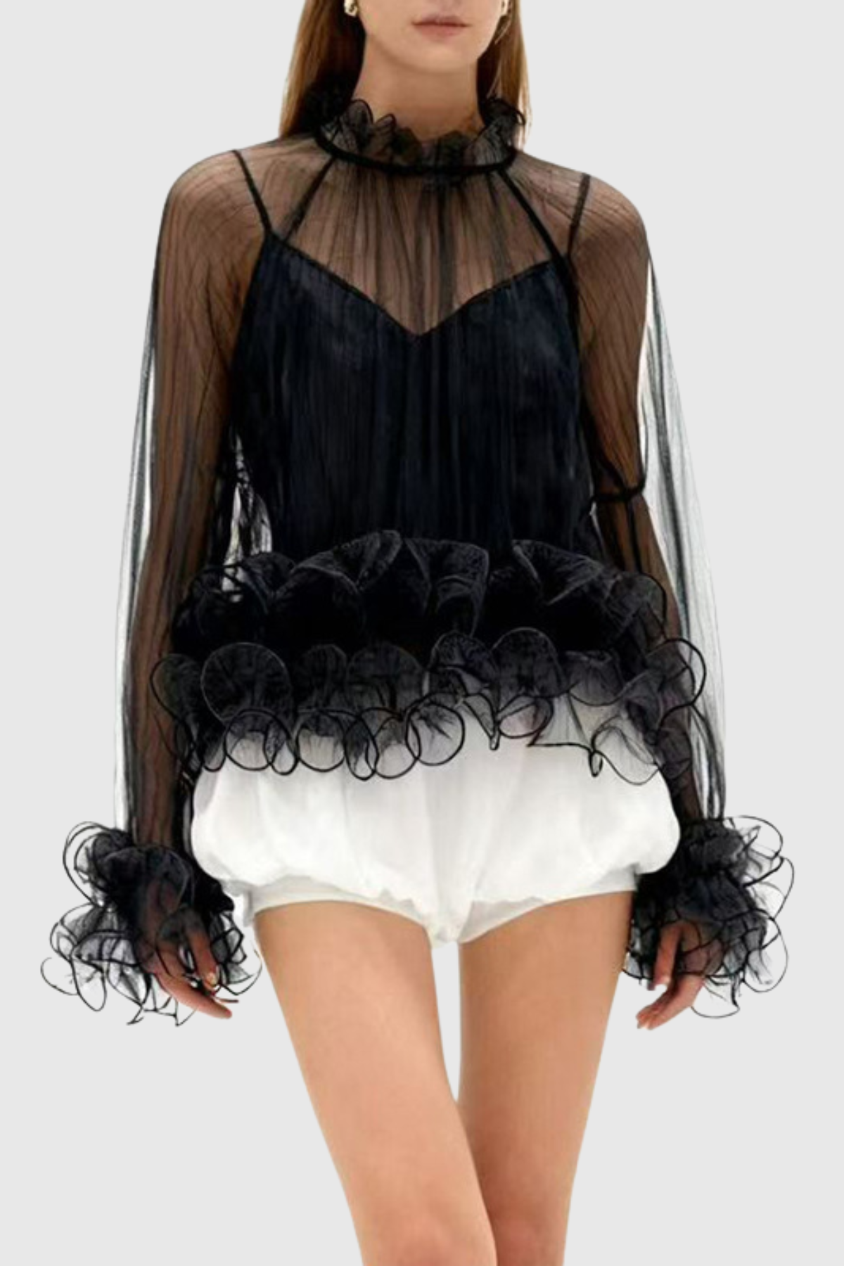 Debya Ruffle Tulle Top - Black