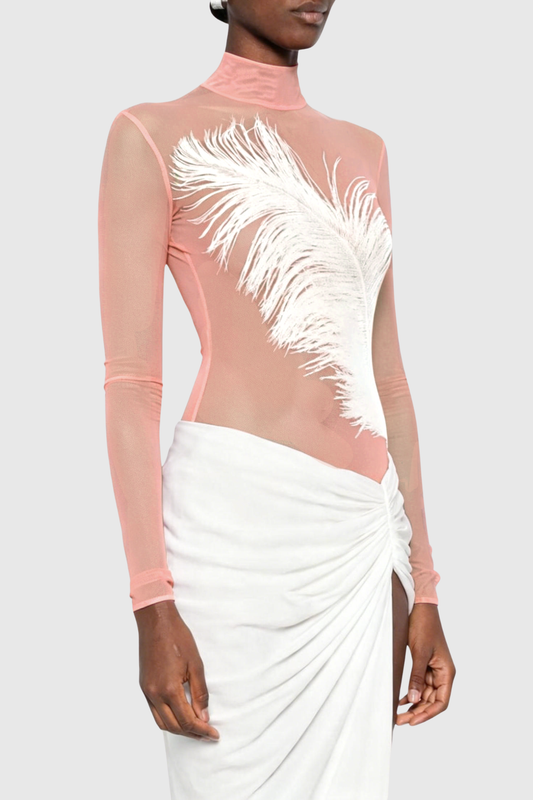 Deirdre Feather Mesh Bodysuit - Pink