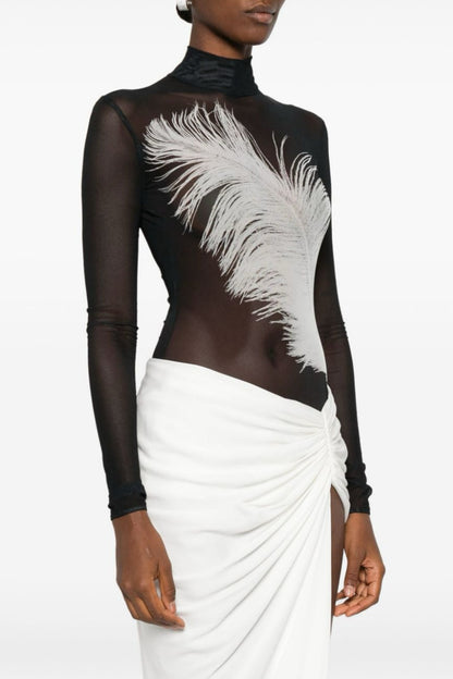 Deirdre Feather Mesh Bodysuit - Black