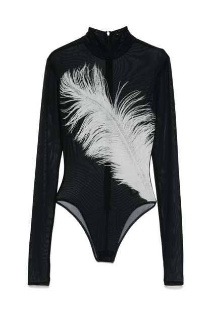 Deirdre Feather Mesh Bodysuit - Black