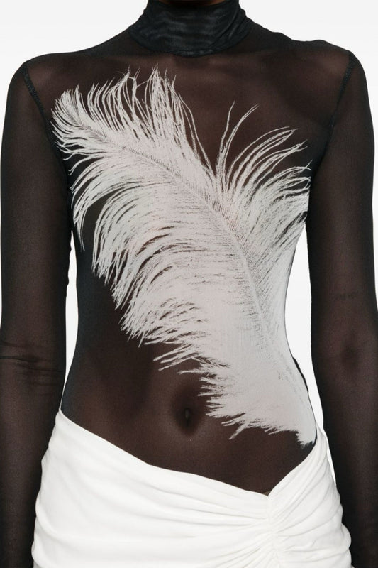 Deirdre Feather Mesh Bodysuit - Black