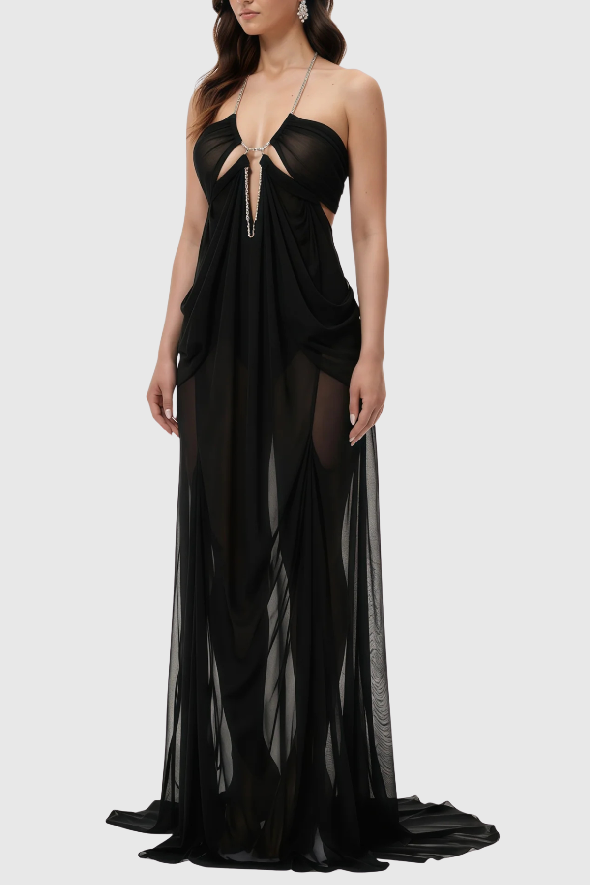 Delfina Semi-Sheer Mesh Maxi Dress - Black
