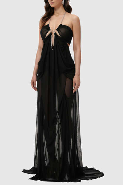 Delfina Semi-Sheer Mesh Maxi Dress - Black